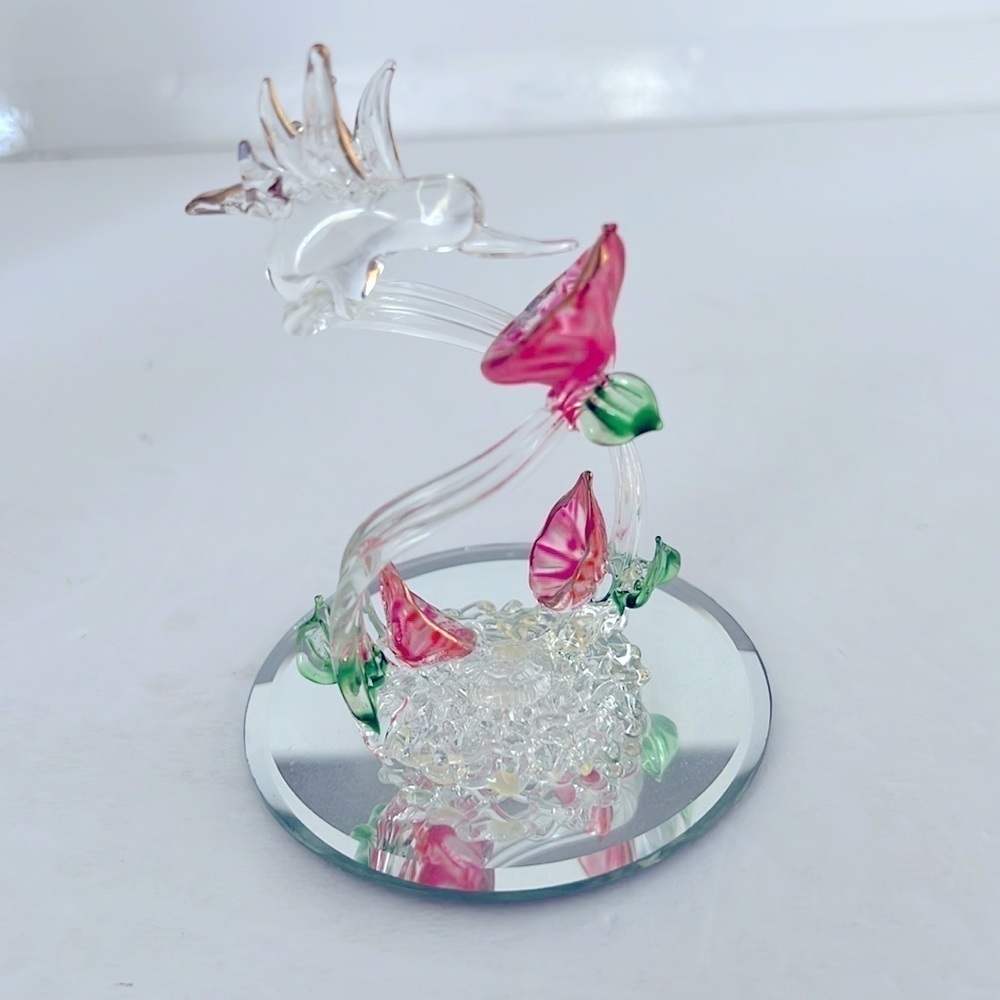 Handcrafted Spun Glass Hummingbird Sculpture on Mirror